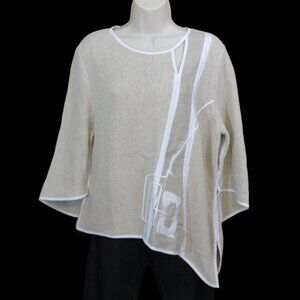 Jaskar Asymmetrical Knit Top Shirt Beige & White Hand Painted Size Large